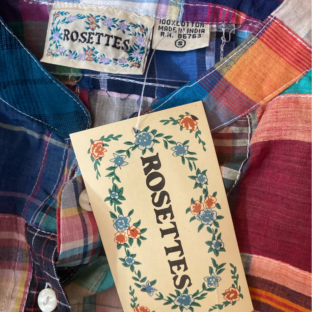 Vintage 80s Rosettes Madras Patchwork Blouse Tie Back Cotton Cottagecore Top S - Picture 10 of 12